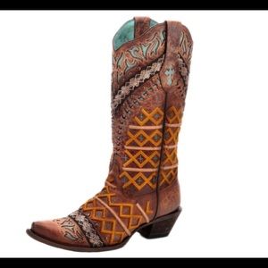Corral Cognac Embroidered & Studded Boots Snip Toe